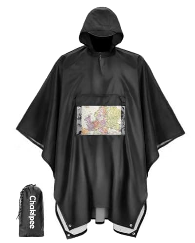 Chakipee Rain Waterproof Poncho Adult Reusable Rain Cape Lightweight with Transparent Pocket, Packable Poncho Multi-Purpose for Travel, Hiking, Camping, Festival Black