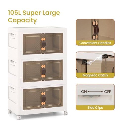 Multigot Folding Shoe Storage Box, 3/4/5 Tier Stackable Shoe Organizer Containers with Lid & Doors and Lockable Wheels, Collapsible Plastic Storage Bins Cabinet (44 x 31 x 77cm, 3-Tier) — view 6
