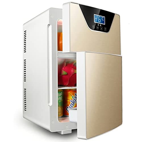 YINO 20L Car Refrigerator 12/24V Car Fridge, Portable Car Fridges Freezer, Mini Fridge Electric Cooler Box for Camping, Road Trip, Picnic, Household (Gold, Double Door)