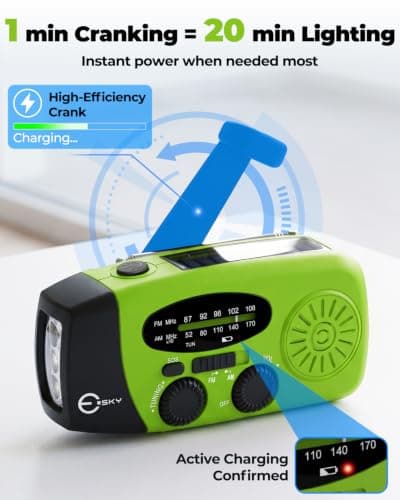 Esky Wind Up Solar Emergency Radio, Portable Hand Crank AM/FM Radio with 2000mAh Rechargeable Power Bank, USB Phone Charger, 3 LED Flashlight, SOS Alarm for Power Outage/Camping/Hiking(Green) — view 6