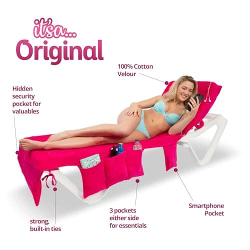 ITSA Velour Beach Towel with Pockets & Handles | 100% Cotton Foldable Sun Lounger Cover | Carry Bag | Secure Storage Beach Towel (Coral Pink) — view 3