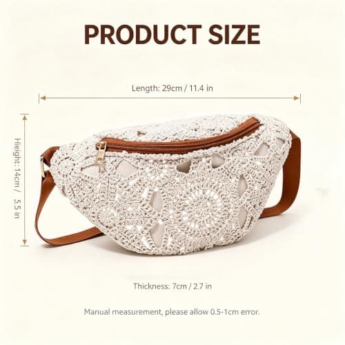 Women's Straw Woven Waist Bag with Hollow Flower Design, Cream Crossbody Waist Pack with Adjustable Strap, Lightweight Travel Commute Everyday Bag, White — view 2