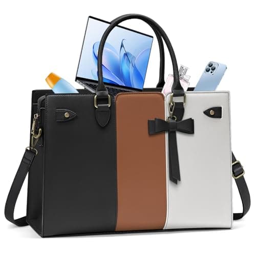 RAINSMORE Laptop Bags for Women PU Leather Work Bags for Women Tote Bag Large Handbag Shoulder Bag for Office 15.6 Inch Business Black with White and Brown
