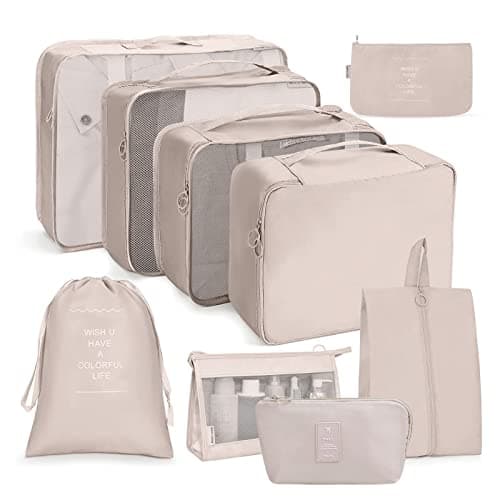 OSDUE Packing Cubes for Suitcases, 9PCS Travel Luggage Packing Organizers Waterproof Travel Essentials Bag Accessories Clothes Shoes Cosmetics Toiletries Storage Bags(Beige)