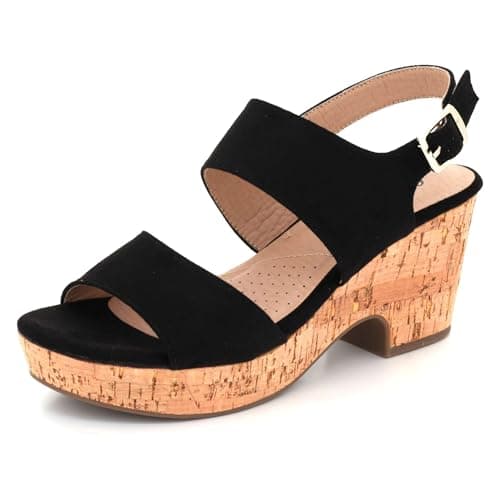 AARZ LONDON Womens Cork Wedge Heel Sandals Open Toe Slingback Adjustable Buckle Strap Casual Party Holiday Everyday Ladies Platform Black Shoes Size 5 UK 38 EU