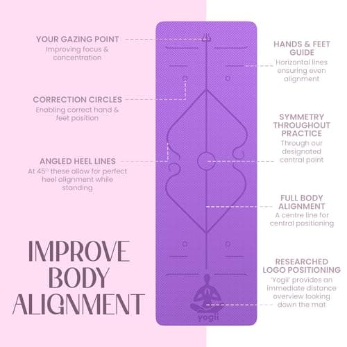 Yogii Yoga Mat - Non-Slip 6mm Thick TPE & Travel-friendly Yoga Mat - Perfect for Home & Gym Exercise Fitness & Pilates - With Laser Alignment Guides (Purple/Pink) for Men & Women — view 5