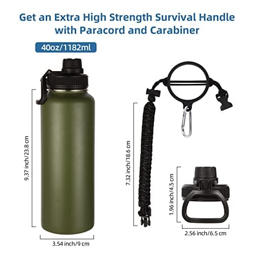Volhoply 1200ml Insulated Water Bottles Paracord Handle, Stainless Steel Sports Bottle with Spout Lid, Reusable Double Walled Vacuum Metal Travel Cups with Wide Mouth for Adults (Army Green, 1 Set) — view 3