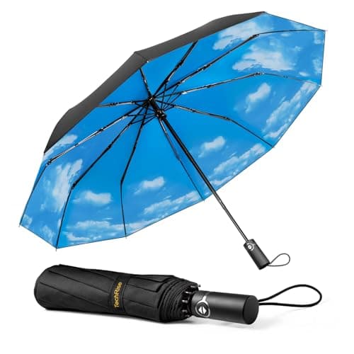 TechRise Umbrella Compact Windproof Travel Umbrellas: Easy Auto Open Close, Strong Fiberglass Frame, Durable Folding Lightweight Portable Automatic Backpack Umbrella for Men and Women, 10 Ribs