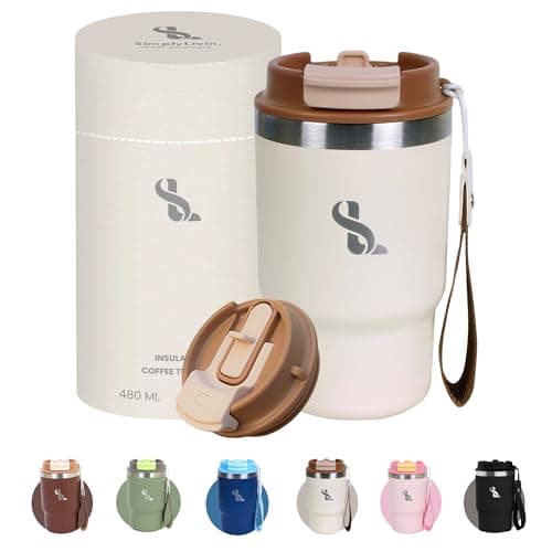SimplyLivin Insulated Coffee Cup Travel Mug 480ml 16oz | Tumbler Flask with Straw & Spout Lid | Leakproof | 8H Hot 12H Cold | Reusable Coffee Cup | Stainless Steel Tumbler | Gift | Classic Beige