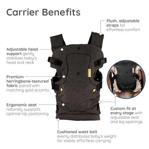 Infantino Flip Luxe 4-in-1 Convertible Baby Carrier, Ergonomic Infant to Toddler Carrier, Updated Lumbar Support, Premium Herringbone Fabric, Elevated Accents, Hands-Free Comfort, 3,2-16 kg, Onyx — view 3