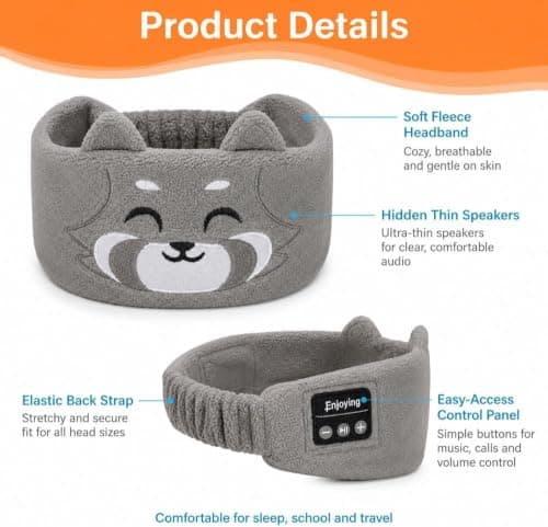 Kids Wireless Headphones, Plush Sleep Headband for Kids, Over Ear Thin Speakers, Soft Washable Sleep Mask for Travel and School (I) — view 5