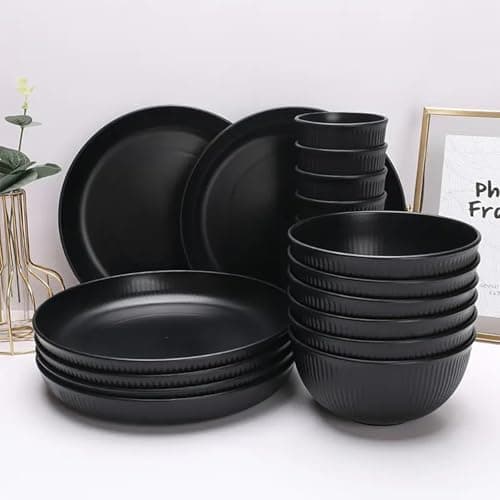Camping Plates, Unbreakable Dinner Sets for 6, 18 Pcs Plastic Picnic Set for Party, Home & Picnic, Lightweight Microwave & Dishwasher Safe Camping Cutlery(Black) — view 3