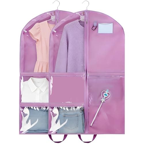 2 Pack 39.37 Inch Dance Costume Bag for Dancers, Hanging Garment Bags with Multiple Pockets, Clear Storage Organizer for Costumes, Accessories and Dance Shoes (Purple)