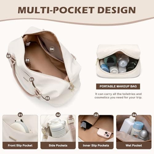 Weekender Bags for Women, Carry On Travel Duffel Bag with Shoe Compartment & Toiletry Bag, 46L Overnight Bag Gym Hospital Bags for Labor and Delivery (Cream White) — view 3