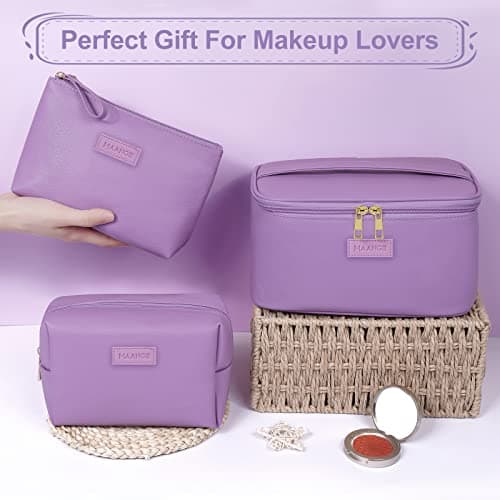 MAANGE 3 Pcs Makeup Bag(L+M+S) Travel Cosmetic Bags with Brush Compartment PU Leather Small Makeup Bag Portable Make Up Bag Versatile Zipper Makeup Pouch for Women, Purple — view 2