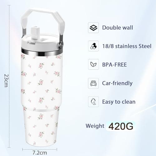 FOLAI Leakproof Flip Water Tumbler,30oz Stainless Steel Hot and Cold Water Bottle with Ergonomic Handle and Straw Keeps Cold For 12+ Hours,Ideal for Gym,Car,Beach-Easy to Carry Travel Mug(Floral) — view 2