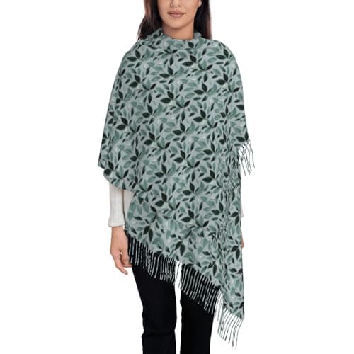 Mint Gray Leaf Print Women Men Fringe Scarf Fashion Accessory For Winter Fall Spring Travel Holiday Wear