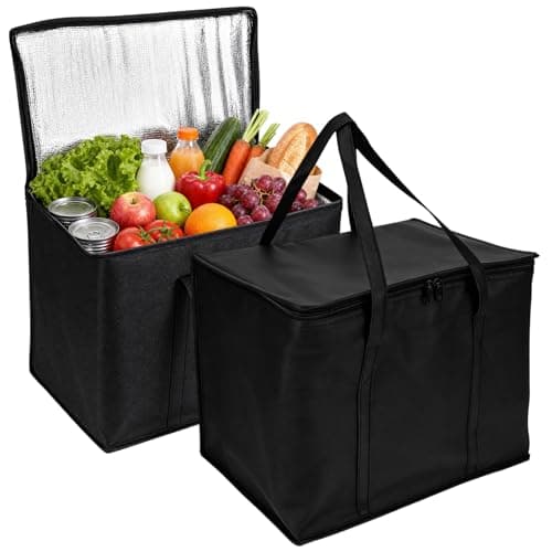 2 Pack Cool Bag Cool Box, 35L Black Insulated Tote with Zipper, Foldable Thermal Carrier for Grocery Shopping, Picnic, Camping, Beach, BBQ, Travel, Reusable Food Transport Storage