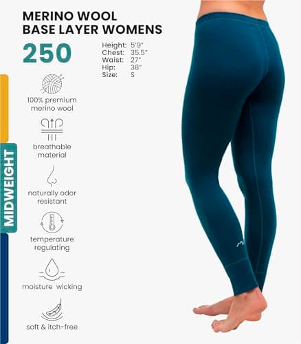100% Merino Wool Base Layer Womens Leggings, Thermal Underwear + Wool Socks (X-Large, 250 Deep Teal) — view 2