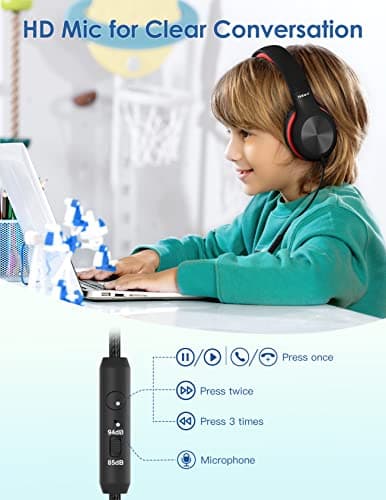 Nabevi Kids Headphones, Childrens Headphones with Microphone, 85/94dB Volume Limit, HD Sound, Sharing Function, Wired Headphone for Kids Boys Girls for Tablet/iPad/Kindle/PC/School/Travel, Black Red — view 4
