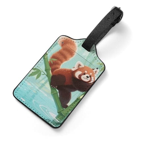 Red Panda on Bamboo Luggage Tags with Information Card & Detachable Strap - Durable PU Scratch-Resistant Name ID Identifiers for Suitcases, Travel Bags, Backpacks, and Gym Bags