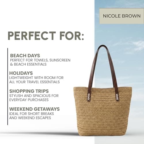 Nicole Brown Straw Tote Bag for Women Brown & Brown – Woven Summer Shoulder Bag with Zip Closure & Interior Zip Pocket, Lightweight Beach Shopper Tote for Holidays, Travel & Everyday Use — view 6
