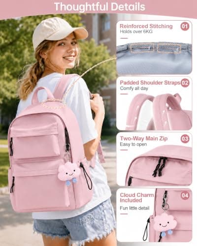 BECOJADDE School Bag for Girls, 15.6" Laptop Backpack for Women, Pink — view 5