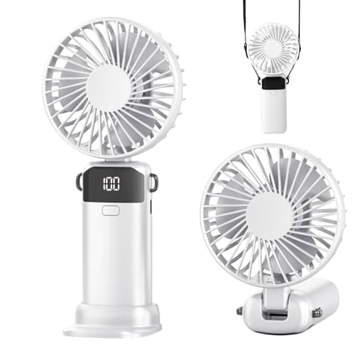 Jumkeet Handheld Fan, Mini Portable Foldable Fan with USB Rechargeable Battery 2600mAh, 5 Speeds Battery Operated Desk Desktop Fan with LED Display & Base for Home Office School Travel Outdoor (White)