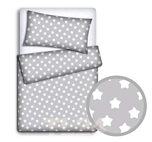 Baby Newborn Bedding Set Pillowcase + Duvet Quilt Cover 2 Piece to Fit Cot Crib Cradle Pram 135x100cm (Big white stars on grey background)