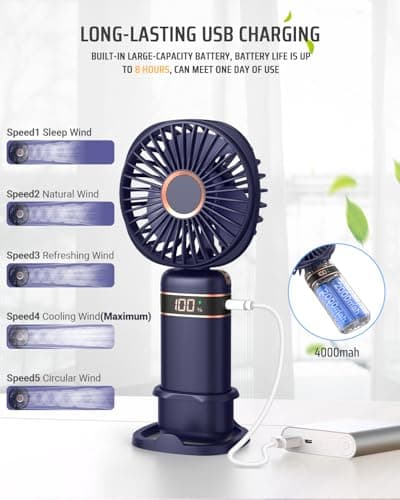 FAPPEN Mini Handheld Fan, Portable USB Hand Held Fan, Rechargeable 5 Speeds Folding Hand Fans with Base and Lanyard for Home Office Bedroom Outdoor Travel(Deep Blue) — view 3