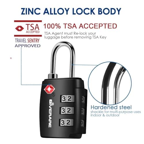 2 Pack TSA Approved Luggage Locks, Alloy Combination Travel Suitcase Padlock, Metal 3-Digit Waterproof Lock, TSA Accepted Outdoor Keyless Resettable Lock for Lockers, Bags, Gym, Gate-Black — view 3