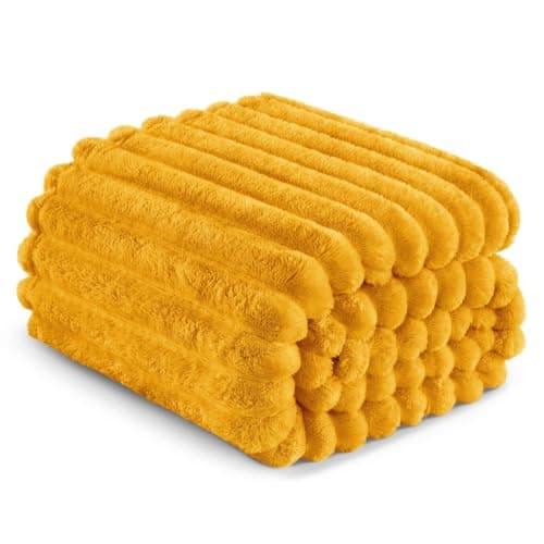 Exclusivo Mezcla Soft Striped Fleece Blanket, Yellow Fluffy Sofa Bed Throw — view 6
