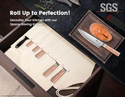 SYOKAMI Chef Knife Set with Roll Bag, Professional Japanese Kitchen Knives Sets, Damascus Pattern Pakkawood Wooden Handle, High Carbon Steel Knives with Case for Camp Outdoor Travel Gift 9 Piece — view 3
