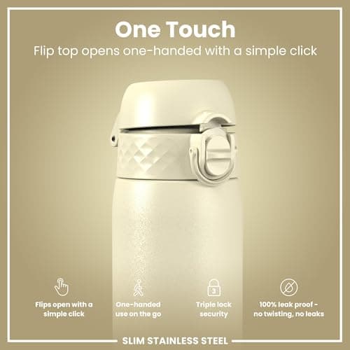 Ion8 Lightweight Steel Water Bottle, 600 ml/20 oz, Non-Insulated, Leak Proof, Easy to Open, Secure Lock, Dishwasher Safe, Flip Cover, Fits Cup Holders, Carry Handle, Metal Water Bottle, Creamy White — view 3