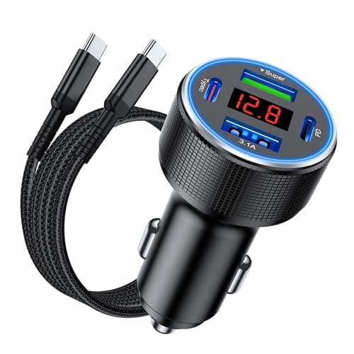 USB C Car Charger With Cable, 78W 4 Port Car Charger Adapter with Voltmeter Car Phone Charger Cigarette Lighter USB Charger Fast Charging for iPhone 16/15/14/13/12, Samsung Galaxy, iPad