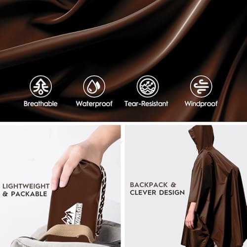 Bruvoalon 3-in-1 Rain Poncho with 1/4 Zip & Chest Pocket, Waterproof, Sunshade, Ground Mat for Adults & Youth Emergency, Brown, M — view 5