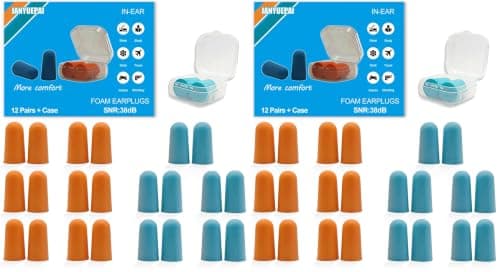 12 Pairs Foam Ear Plugs, 38dB SNR Noise Cancelling, Transparent Case, Blue & Orange Earplugs for Sleep, Travel, Work & Concerts (Pack of 2)