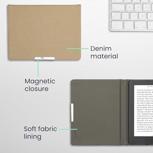 kwmobile Cover Compatible with Kobo Aura H2O Edition 2 - Case for E-Reader - Denim Look Fabric Flip Case - Beige — view 5
