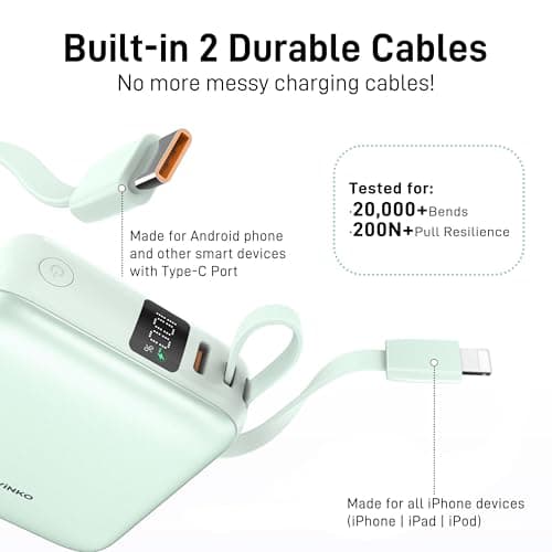 VINKO Small Power Bank with Built-in Cable,10000mAh Fast Charging Power Bank, 22.5W USB C Portable Charger, Mini Battery Pack for iPhone 16 15 14 13 Samsung Galaxy Google Android (Green) — view 4