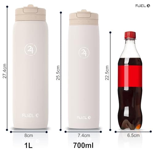 Fuel24 Duo - Stainless Steel Water Bottle 700ml or 1L - Vacuum Insulated Metal Flask with Straw (Dual use Lid) 1 Litre - for Sports, Gym, Work – Slim Design (Sand, 1000 ml) — view 4