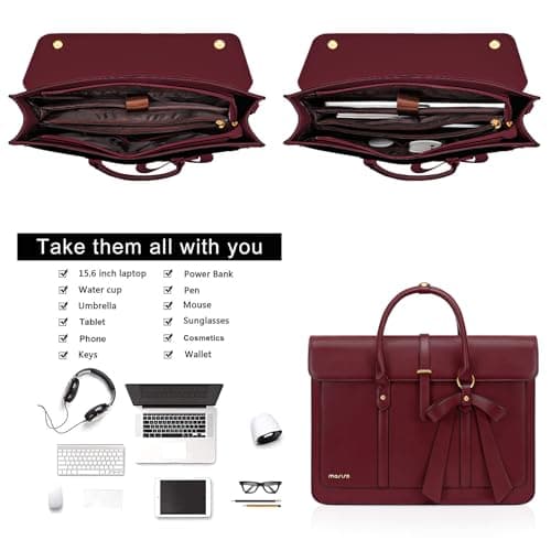 MOSISO Laptop Bag for Women,16 inch PU Leather Computer Bag, Wine Red — view 4