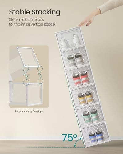 SONGMICS Shoe Boxes, Pack of 18 Stackable Shoe Storage Organisers, Foldable and Versatile for Sneakers, Fit up to UK Size 12, Cloud White LSP18MWT — view 3