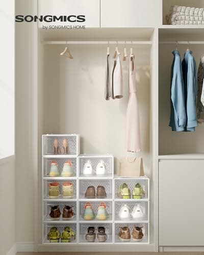 SONGMICS Shoe Boxes, Pack of 12 Stackable Shoe Storage Organisers, Foldable and Versatile for Sneakers, Fit up to UK Size 8, Transparent and Cloud White LSP12SWT — view 2