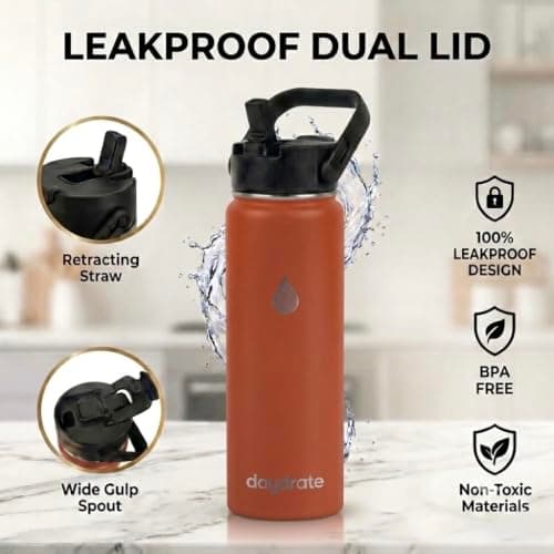 Insulated Metal Water Bottle with Straw 750ml- Stainless Steel Water Bottle, BPA Free, Dual Lid Straw & Spout, Leakproof, 24 Hours Cold & Hot, Work, Travel, Gym Bottle for Men & Women-Orange- Daydrate — view 3