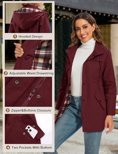 PASUDA Women's Waterproof Jacket Long Rain Coats Hooded Rain Jacket with Pockets Lightweight Windbreaker Raincoat Functional Trench Coats Hiking Running Camping Outdoor Coats (Burgundy Red, XL) — view 4