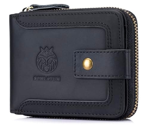 SCHLATUM Men's Classic Genuine Leather Wallet with Zipper Closure, RFID Blocking, Large Capacity, with Coin Pocket and ID Window, Black, 11.9 x 8.9 x 3 cm
