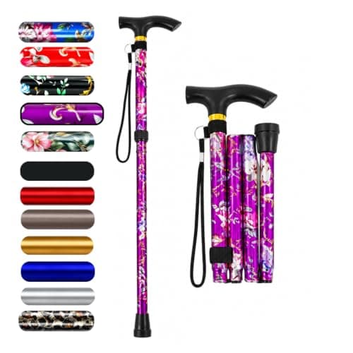 Hataf Adjustable Walking Stick 84cm-92cm, Folding Walking Sticks for Women/Ladies, also for Men, Mobility Aids, Walking Sticks with Rubber Ends (Purple Flowers)