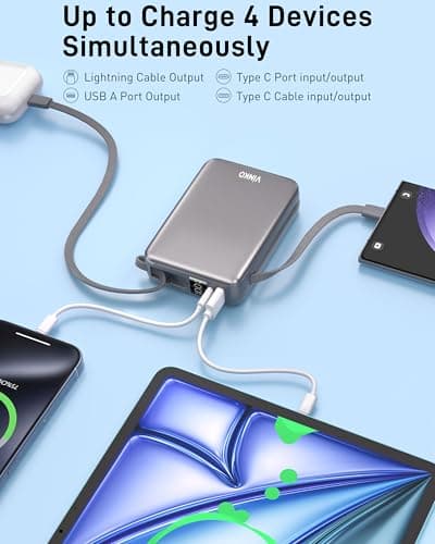 VINKO 20000mAh Fast Charging Power Bank, Small Power Bank with Built-in Cable, 22.5W USB C Portable Charger, Mini Battery Pack for iPhone 16 15 14 13 Samsung Galaxy Google Android (Gray) — view 3