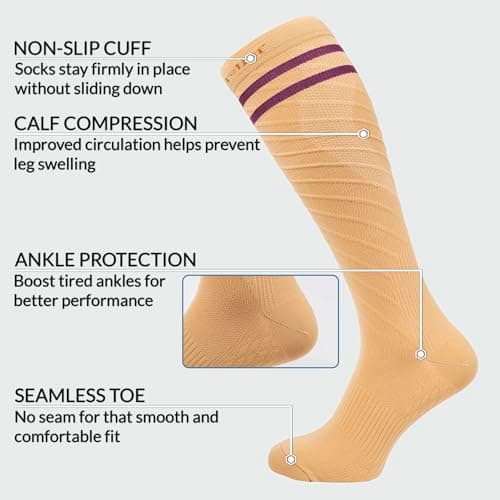 360 RELIEF 2 Pairs Compression Socks for Women Men, 15-20 mmHg Supports Circulation, Travel Flight Socks, Pregnancy Stockings L/XL, Beige with 2 Plum Purple lines + Laundry Bag — view 5