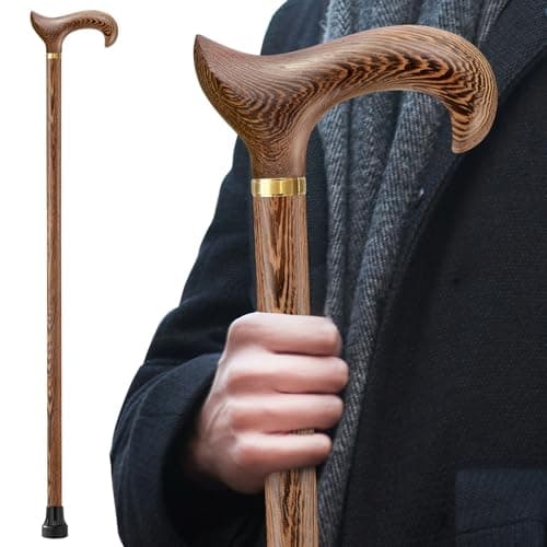 ispuoocti Wooden Walking Stick, Derby Ergonomic Natural Wood Cane, Handmade High Load Bearing Walking Sticks for Men Women Elderly Brown